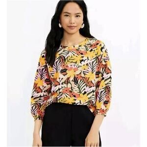 LOFT Tropical Sweatshirt Floral 3/4 Puff Sleeve Orange Medium
